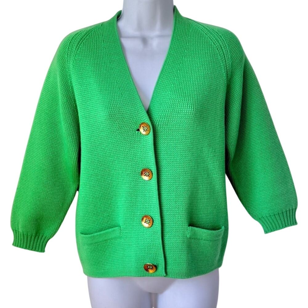 Kelly Green V-Neck Gold Button Front Cardigan Sweater Cropped Sleeves Size 10